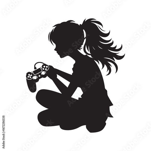 Teenager gaming with controller vector silhouette line art logo design concept illustration