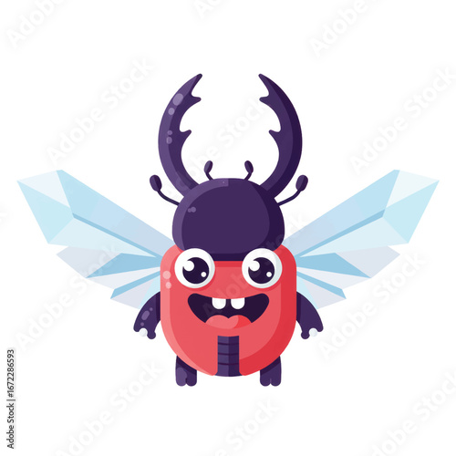 A cheerful cartoon stag beetle with a red body purple pincers and light blue geometric wings smiling happily.