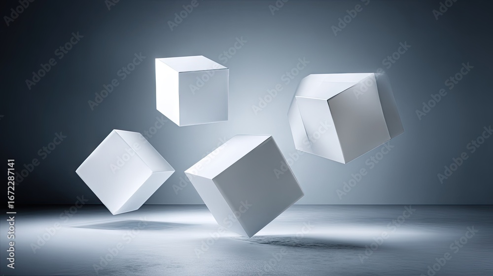 Fototapeta premium Floating white cubes in a minimalist setting.