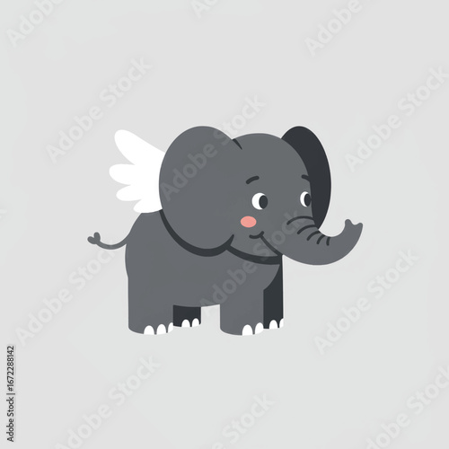 Adorable gray cartoon elephant with small white wings and a happy smiling expression.