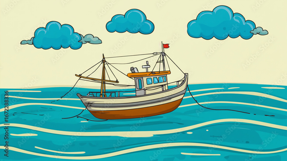 Fototapeta premium Fishing Boat Floating on Blue Water Under Cloudy Sky Illustration