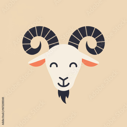 A friendly smiling goat head illustration with large dark curved horns and a small goatee.