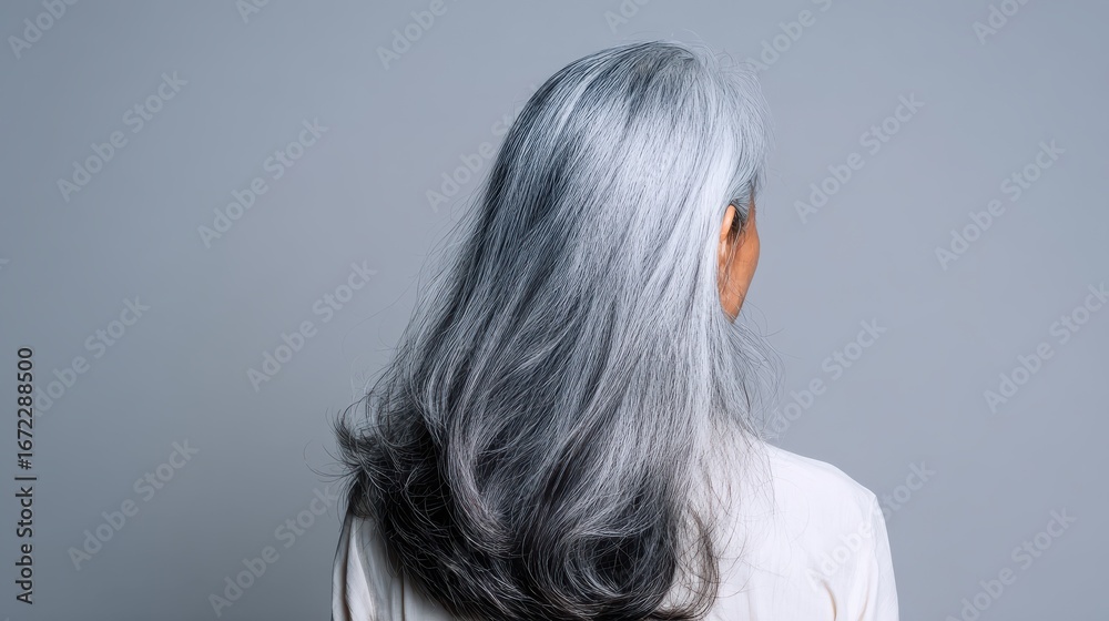 Naklejka premium back view of senior mature middle aged older asian lady with long gray natural coloring vibrant silky hair dry hair replenishing healing treatment for women after menopause advertising concept no log