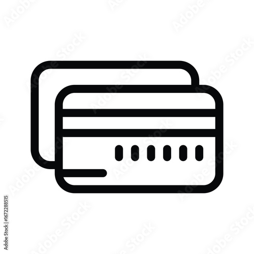 Two credit cards stacked the front one has a magnetic stripe chip and raised numbers. Editable stroke. Vector illustration