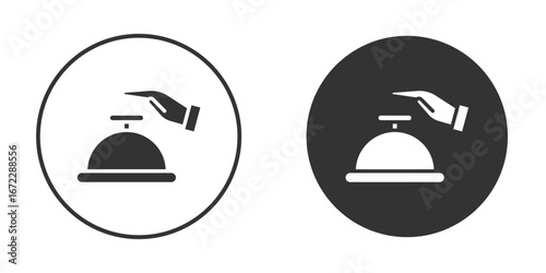 Hand touching service bell icon pictogram. Vector outline illustration isolated on white background.