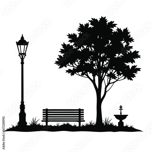 Black silhouette of a park scene with a lamp post bench and fountain