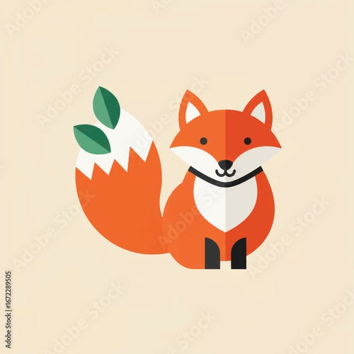 Charming sitting fox with a bushy tail and leaves rendered in a flat geometric style.