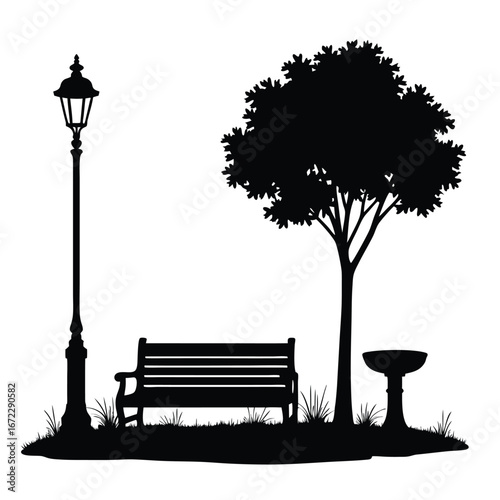 Black silhouette of a park scene with bench and lamp 1