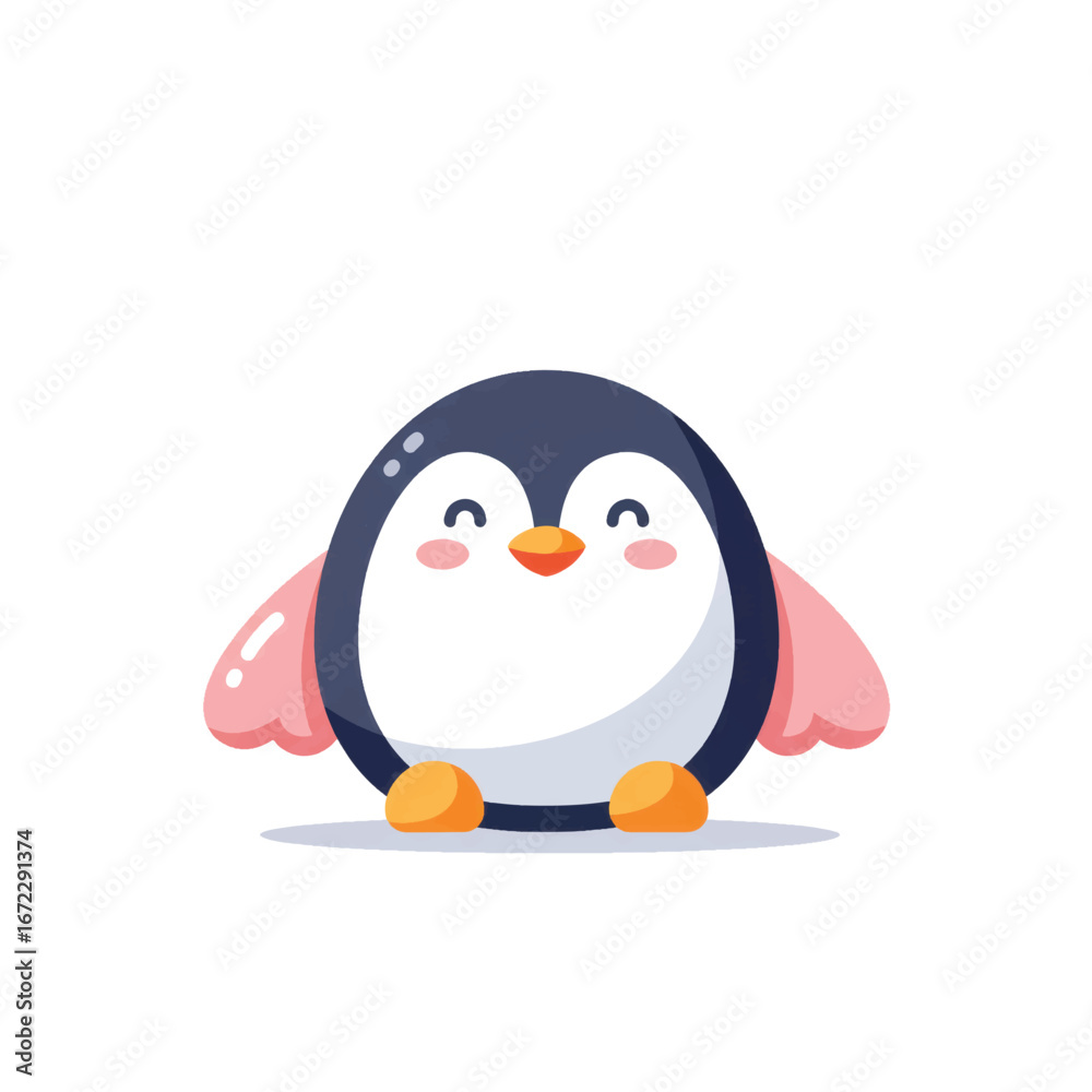 Fototapeta premium Cute chubby cartoon penguin with pink wings and a happy smiling expression.
