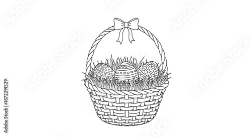 Charming basket filled with easter eggs and spring grass with a bow on top