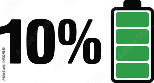 10% Battery Vector: Low Charge, Running Out, Energy Warning, Green Indicator.