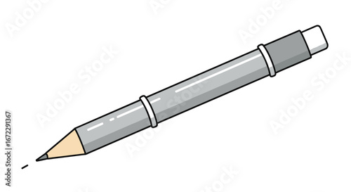 A simple realistic drawing of a silver mechanical pencil with a sharpened lead and an eraser at the top