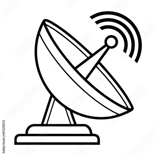 Signal Seeker: A detailed line art illustration of a satellite dish emits radiating signals, symbolizing communication, connectivity, and data transmission in a sleek and modern design.
