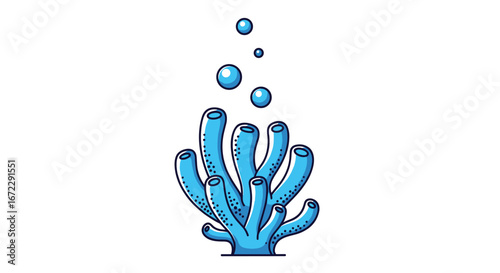 Illustration of a vibrant blue tubular coral formation with rising bubbles creating a lively underwater scene