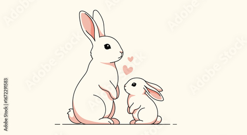 Adorable white bunnies together forever with hearts floating around them in a sweet gentle manner