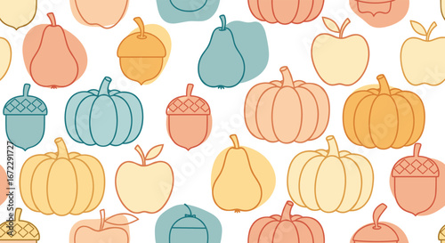 A whimsical autumn harvest pattern featuring pumpkins apples pears and acorns in soft pastel colors