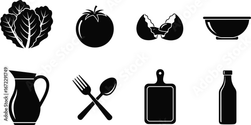 Black kitchen and food silhouette icon set, vector collection of cooking tools, ingredients, utensils for culinary, recipe, and design use
