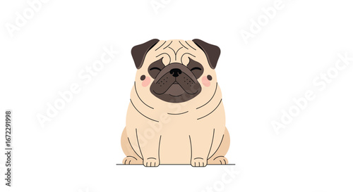 Adorably cute pug puppy dog sitting and smiling with closed eyes and pink cheeks