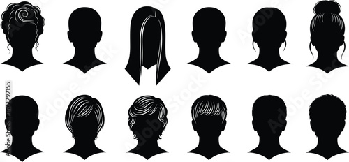 Black silhouette profile icons of diverse hairstyles, vector head illustrations for fashion, beauty, character design, and style reference use