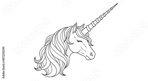 Enchanting unicorn head outline majestic mythical creature with flowing mane and spiraling horn
