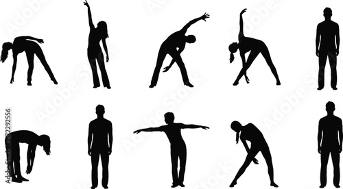 Black silhouette vector set of stretching and exercise poses, human figures in fitness movements for health, wellness, and design use