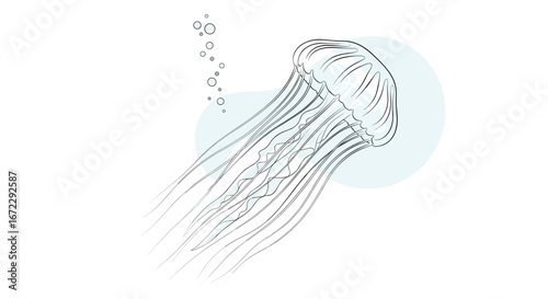 A delicate drawing of a jellyfish gracefully drifting through the ocean currents with tiny bubbles rising beside it