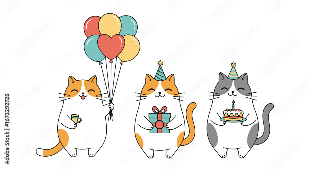Fototapeta premium Adorable cute fat cats celebrating a special birthday party with balloons gifts and cake