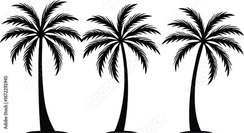 Three silhouetted tropical palm trees standing tall against a white background representing a classic beach or island scene