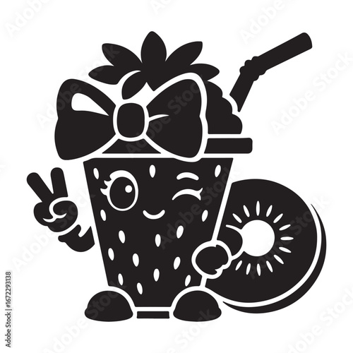 Kawaii Strawberry Smoothie Cup with Bow and Kiwi Cute Winking Mascot Silhouette Vector