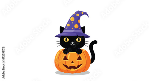 Adorable black cat wearing a witch hat peeking out of a jack-o'-lantern for halloween celebrations