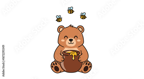Cute bear enjoying sweet honey pot while bees fly around in a whimsical forest setting