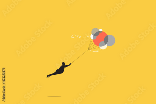 Businessman holding flying balloon tight afraid to fall off. concept of Financial bubble by QE injected money