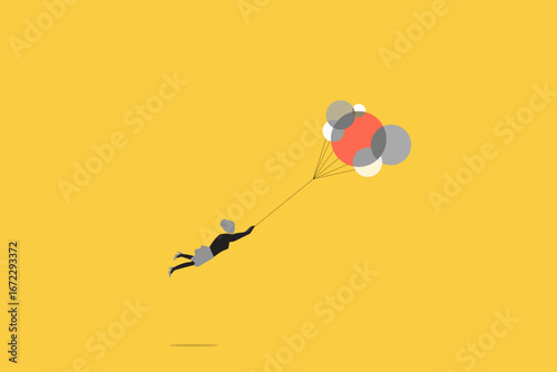 Businessman holding flying balloon tight afraid to fall off. concept of Financial bubble by QE injected money