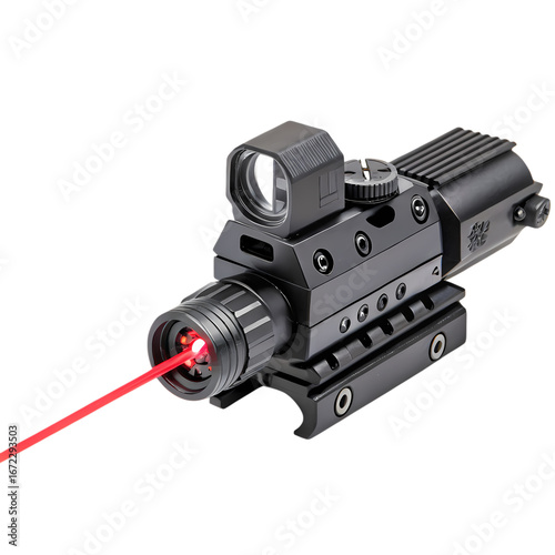 Red Dot Laser Sight Tactical Weapon Accessory for Pistols  Rifles  CloseUp View on transparent background