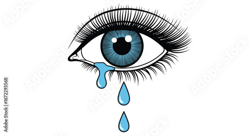Beautiful blue eye crying tears of sadness water droplets falling down a face