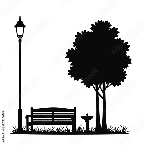 Black silhouette of park bench lamp and tree lamp post