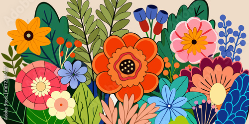 Wallpaper Mural Seamless vector pattern of abstract orange and pink flowers, leaves, and spring floral elements Torontodigital.ca
