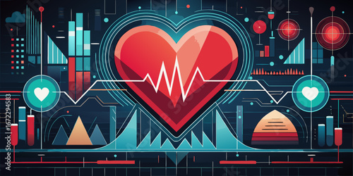 The red vector illustration shows a medical heartbeat line forming a heart symbol on a monitor, representing health and life