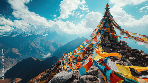 Colorful prayer flags fluttering at remote mountain summit