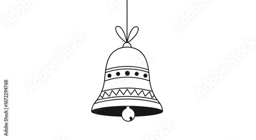 A decorative christmas bell adorned with festive patterns hangs suspended by a ribbon against a backdrop of falling snow