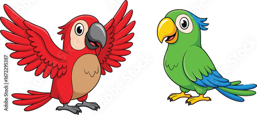 Cartoon Parrots Set – Colorful Red and Green Parrots with Big Beaks for Jungle, Tropical, and Exotic Bird Illustrations