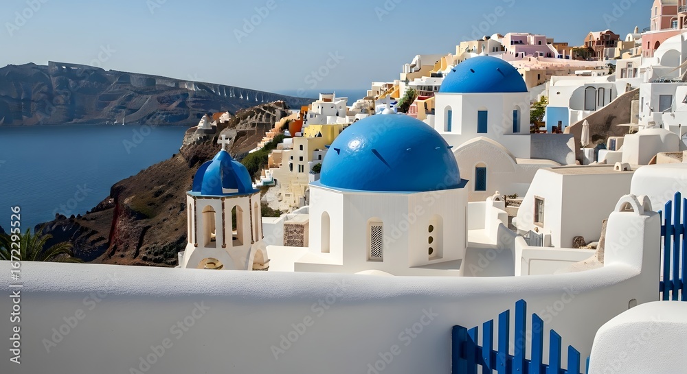 Fototapeta premium Iconic bluedomed churches and white buildings overlooking the aegean sea in santorini, greece, under a clear blue sky