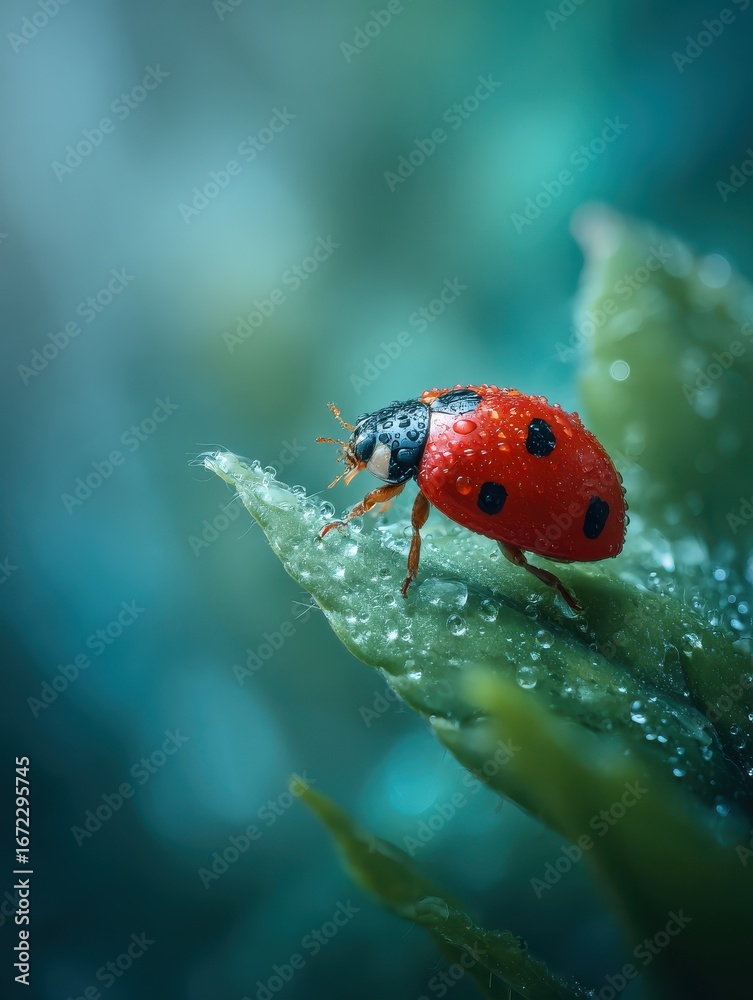 Fototapeta premium ladybug on dewy leaf in nature macro photography serene environment closeup viewpoint