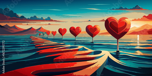 A beautiful red heart-shaped balloon floats over the romantic lake at sunset, a symbol of love in the sky