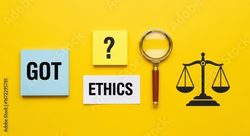 Flat lay of got ethics question mark magnifying glass and scales on yellow background