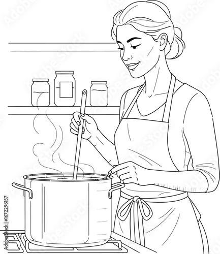 Woman cooking food kitchen recipe apron chef culinary meal preparation stirring pot