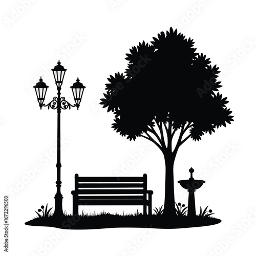 Black silhouette of park bench under tree with lamppost and fountain 2
