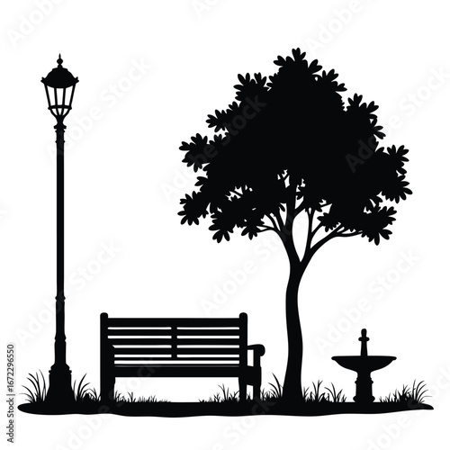 Black silhouette of park bench under tree with lamppost and fountain 3