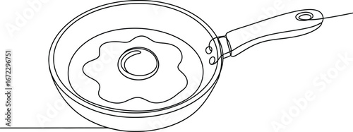 Fried egg pan breakfast food cooking kitchen single line drawing outline art