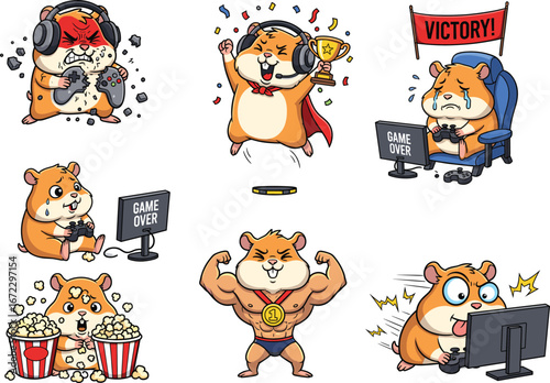 Cute gaming hamster characters, emotions, victory celebration, frustration, muscle flexing, popcorn snack, intense gameplay, game over screen, streaming headset.